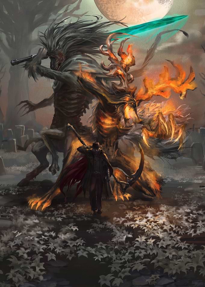 Hunter and Beasts in Graveyard
