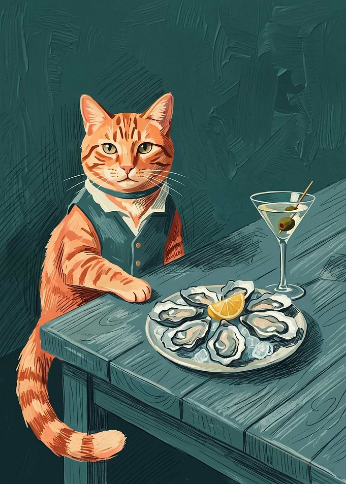 Cat Bartender Oysters Drink Cats Art Oil Painting