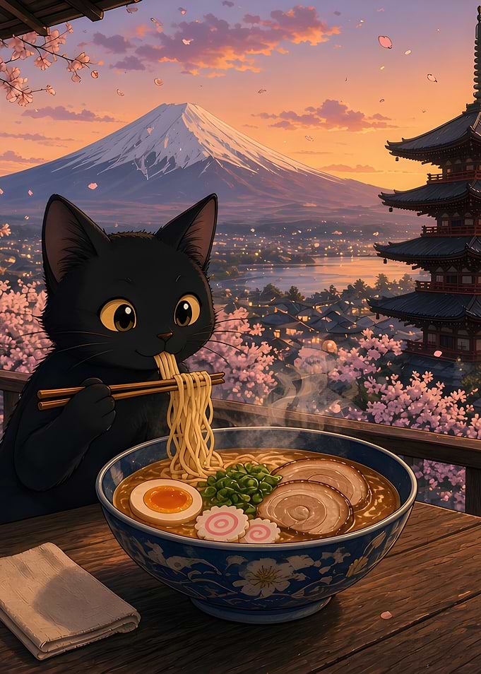 Black Cat Eating Ramen in Japan