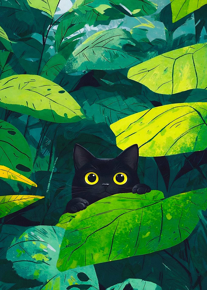 Black Cat Peeking Through Jungle Leaves