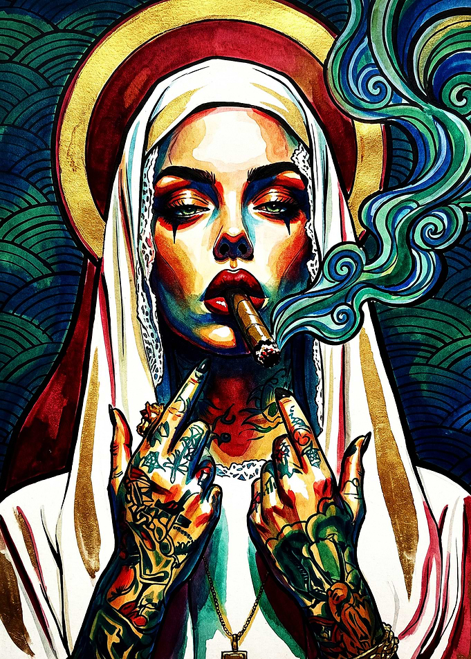Tattooed Nun Smoking Cigar Pop Art