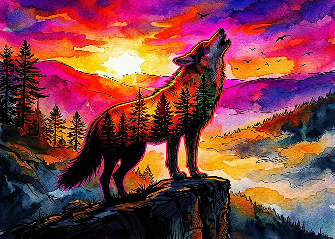 Watercolor Wolf Howling at Sunset