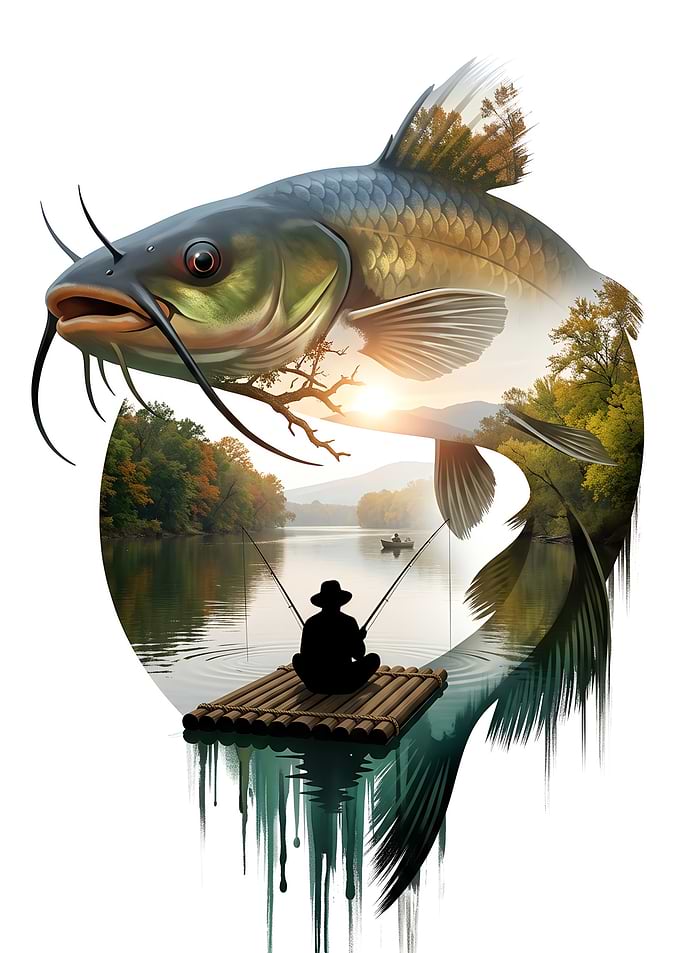 Double Exposure Catfish Fishing Scene