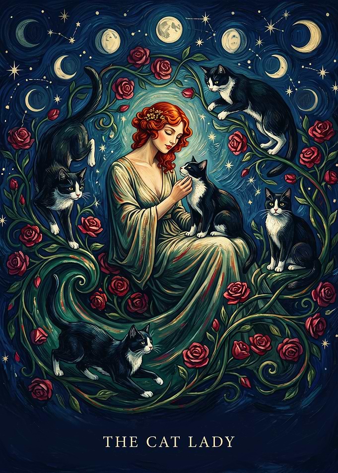 Cat Lady And Black Cats, Magical Moon Art