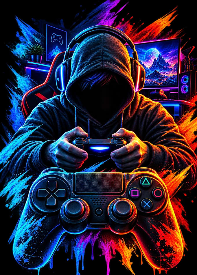 Neon Gamer in Hoodie with Controller
