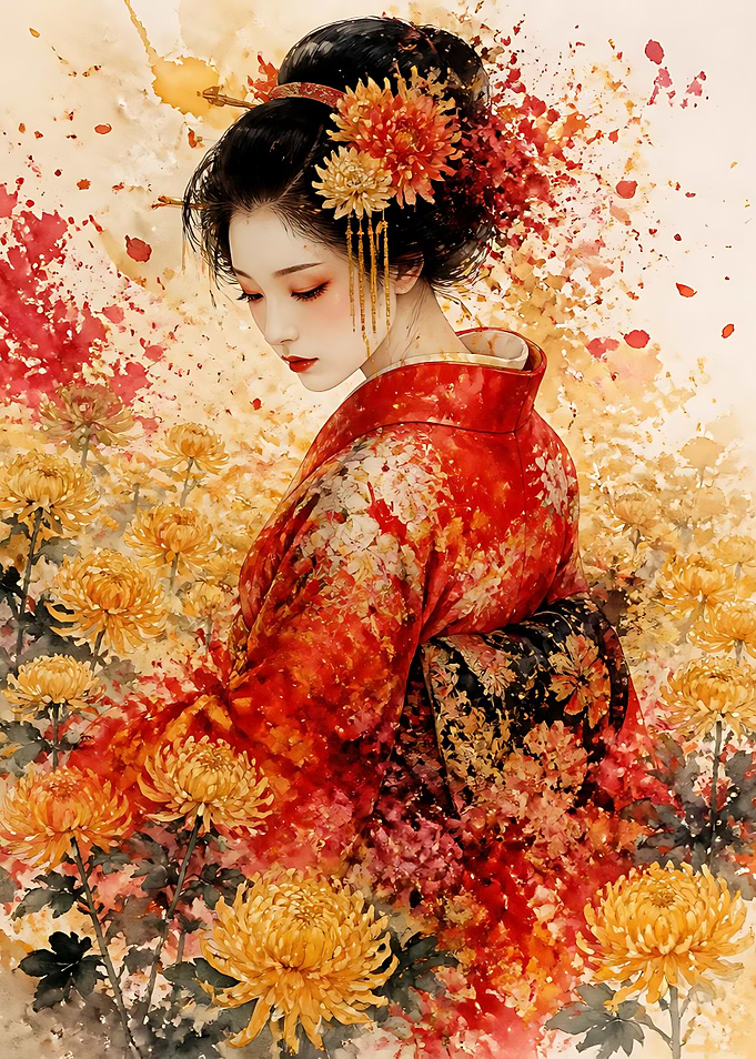 Geisha in Red Kimono with Chrysanthemums