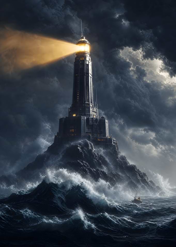 Dark Lighthouse Amidst Stormy Seas