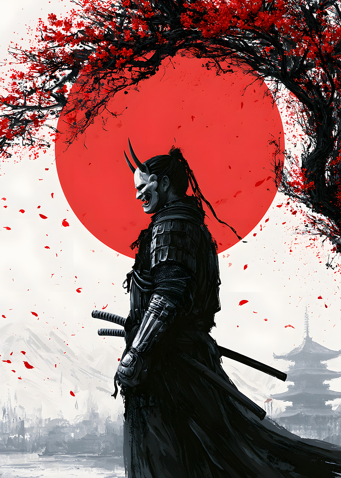 Samurai Warrior with Oni Mask Red Sun Art