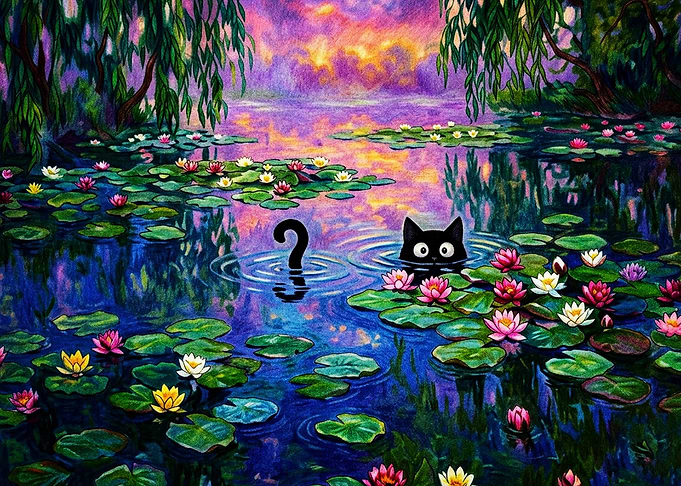 Black Cat in Water Lily Pond
