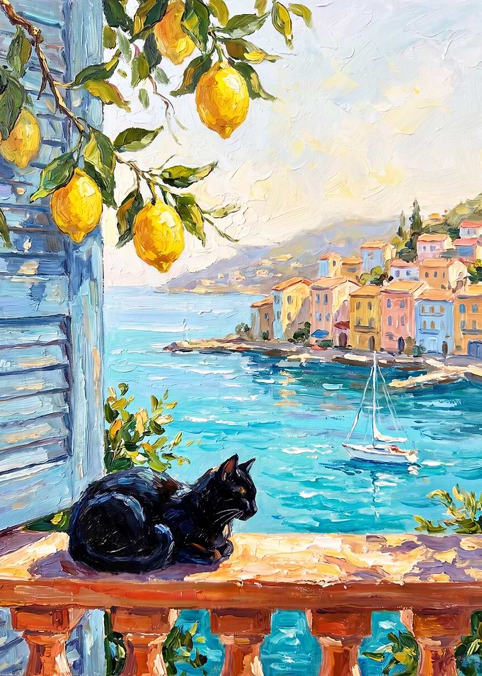 Black Cat Overlooking Mediterranean Coast