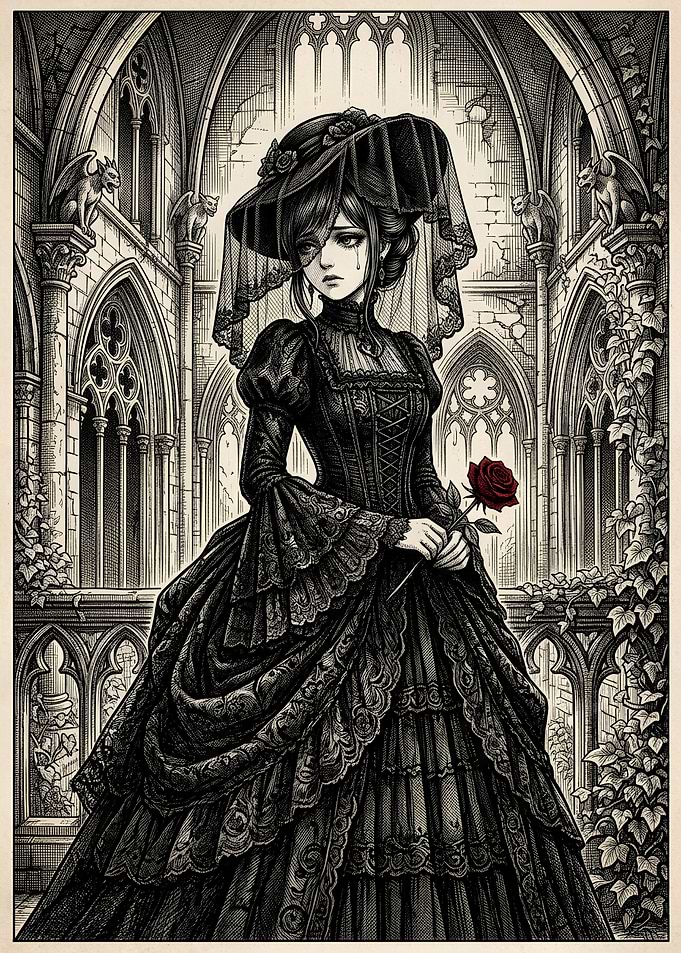 Gothic Mourning Lady with Red Rose