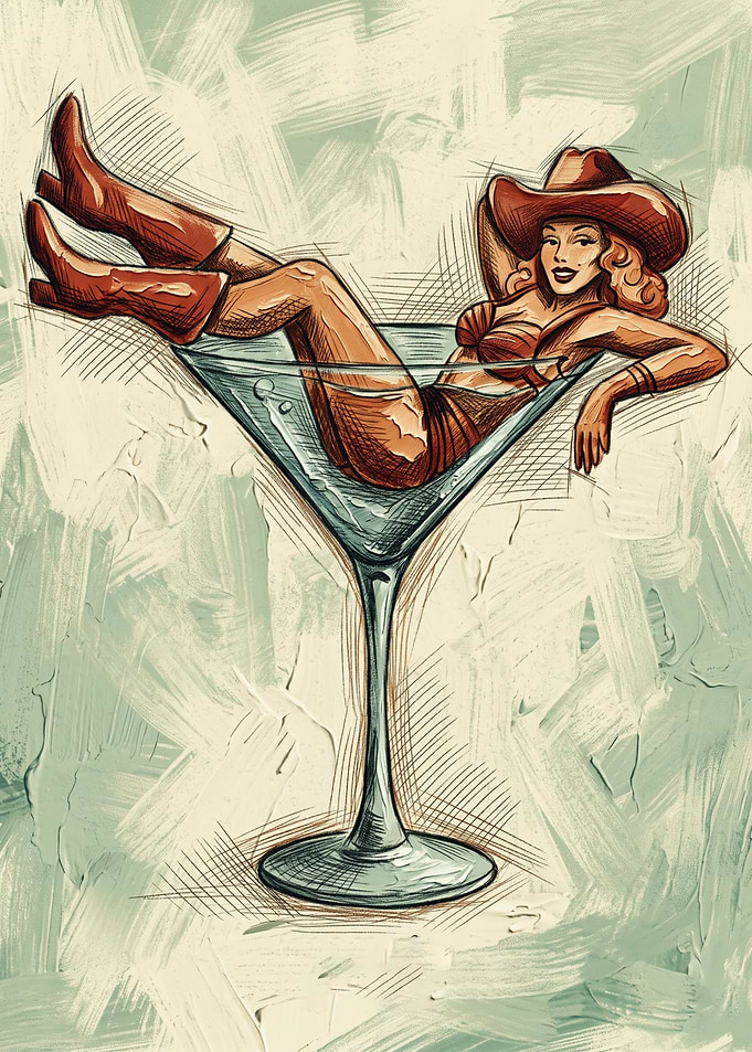 Cowgirl In Martini Glass Vintage Sketch Art