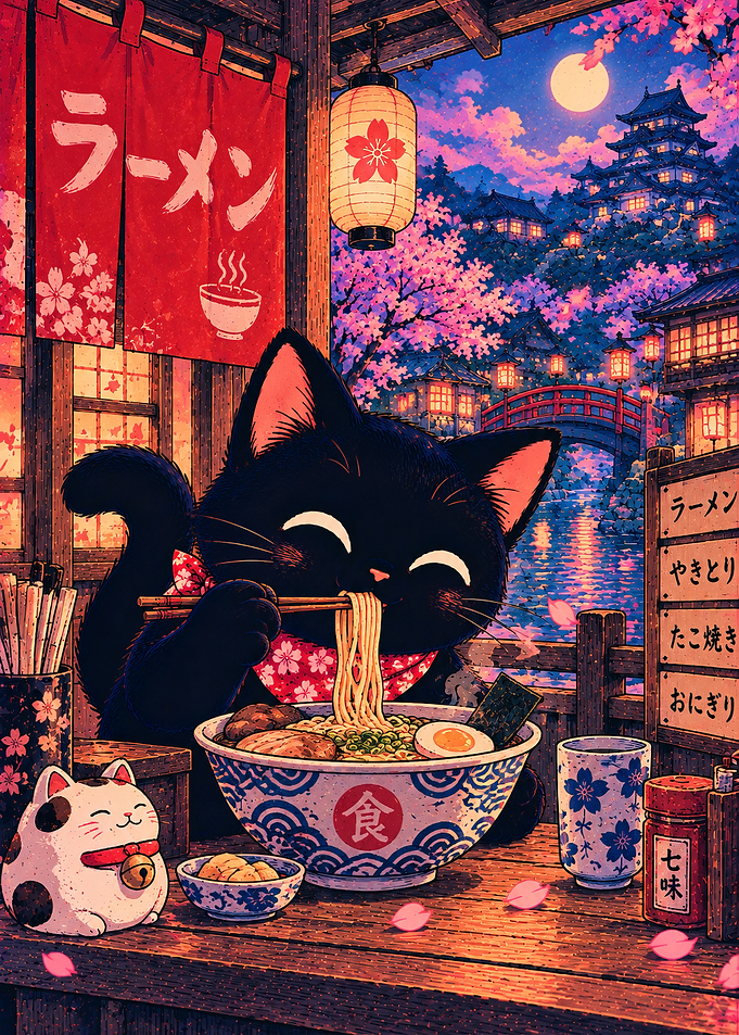 Cute Black Cat Eating Ramen