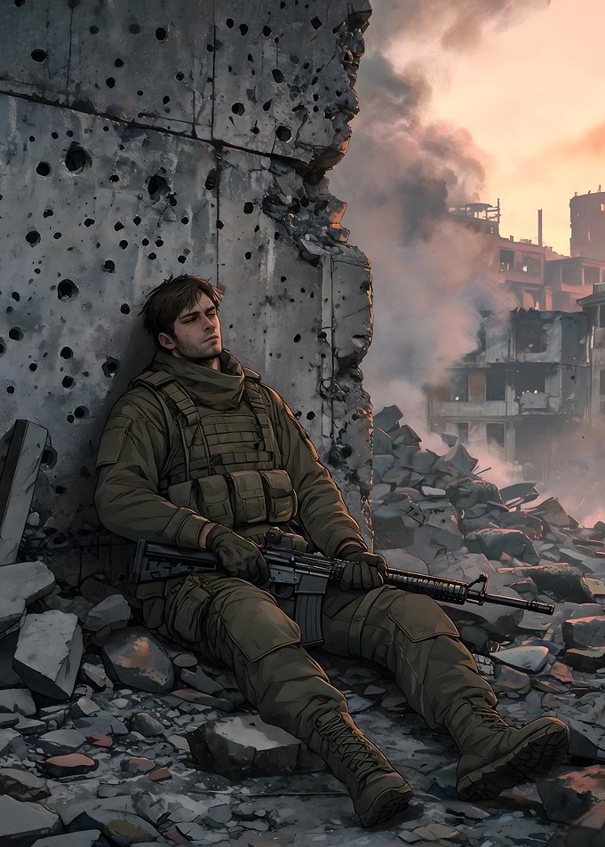 Exhausted Soldier Resting in Ruins