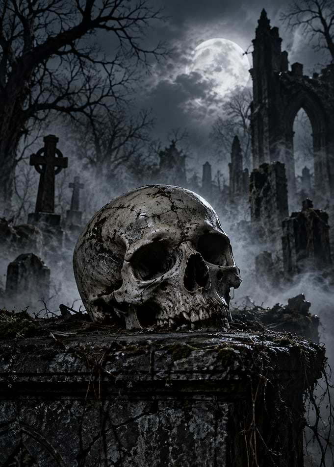 Eerie Skull in Foggy Graveyard