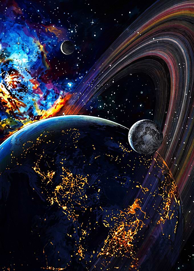 Cosmic Planet with Rings and Nebula