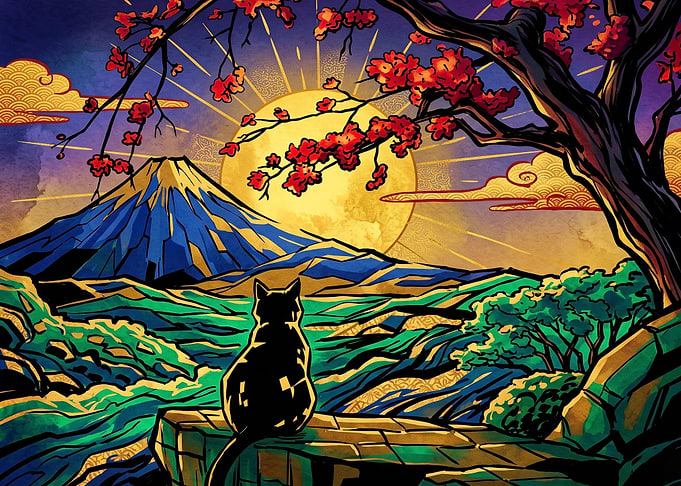 Cat Watching Mount Fuji Sunset