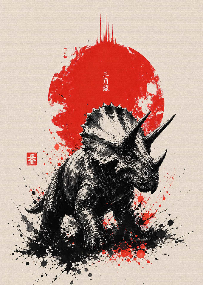 Japanese Ink Style Triceratops Art