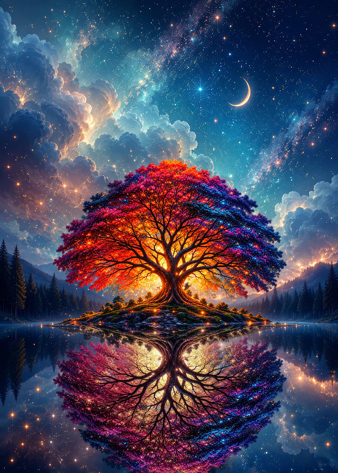 Glowing Cosmic Tree by Lake