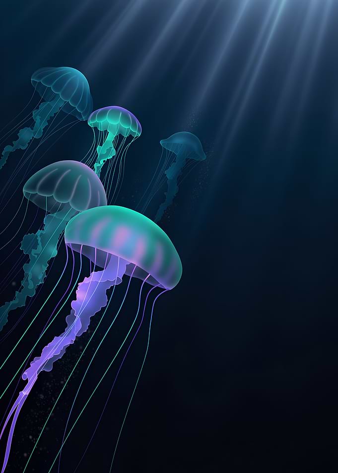 Bioluminescent Jellyfish in Deep Ocean