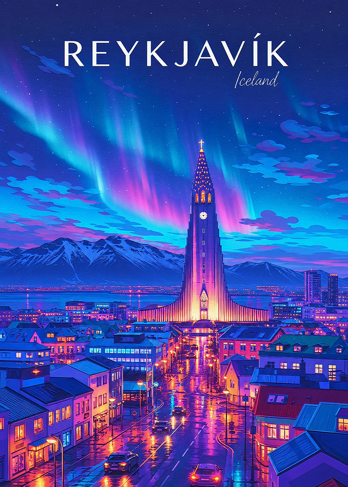 Reykjavik Iceland Northern Lights Travel Poster