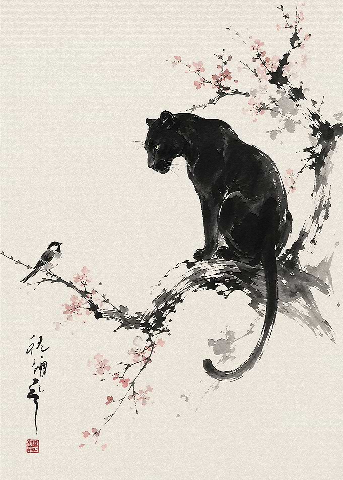 Black Panther and Bird Ink Painting