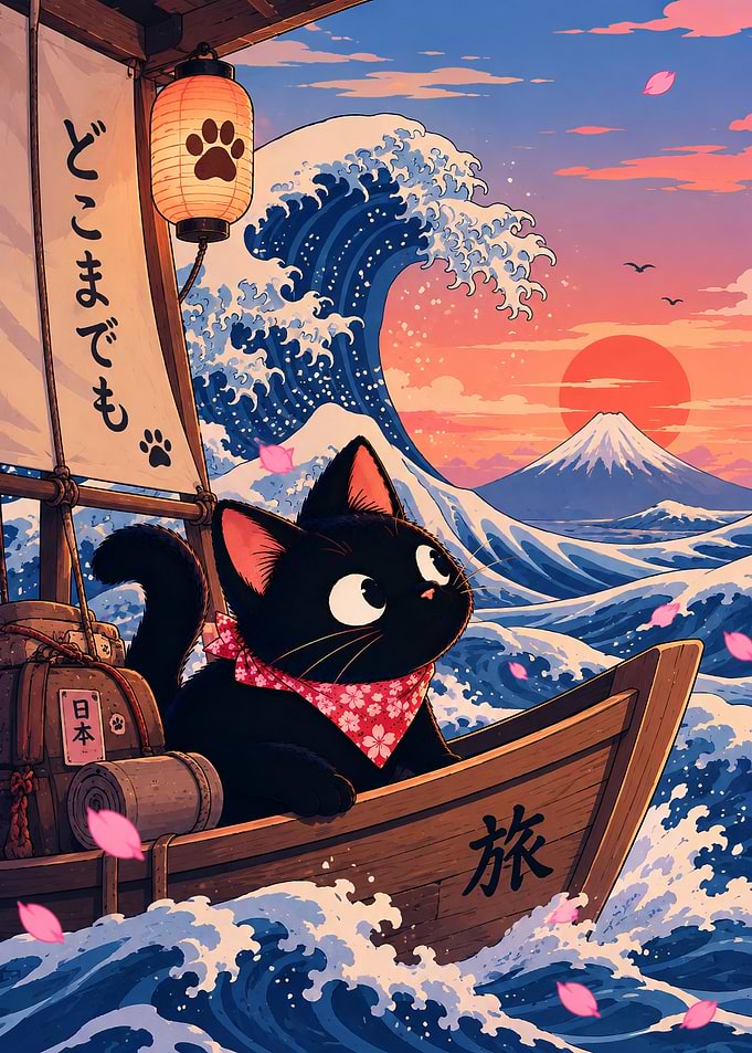 Cute Black Cat Sailing Japanese Sea