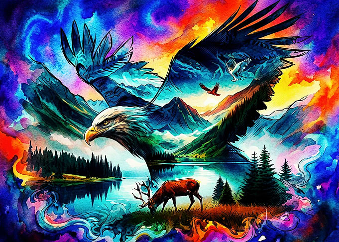 Double Exposure Eagle and Mountain Landscape