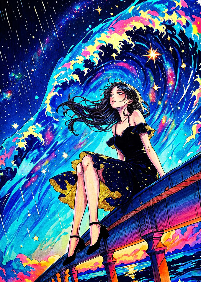 Anime Girl Sitting Under Cosmic Wave
