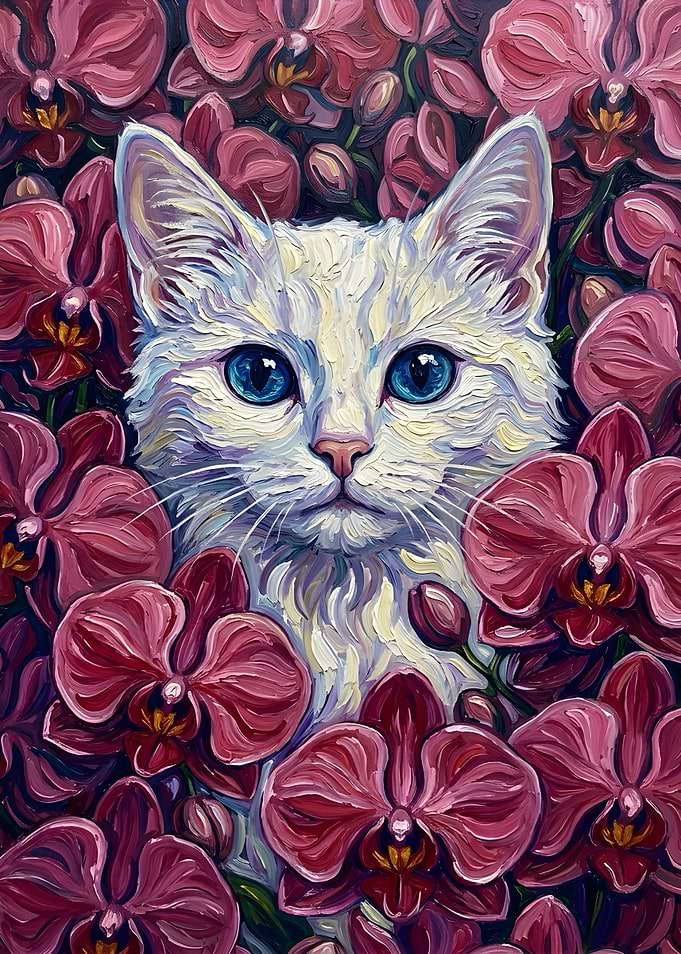 White Cat Surrounded by Pink Orchids