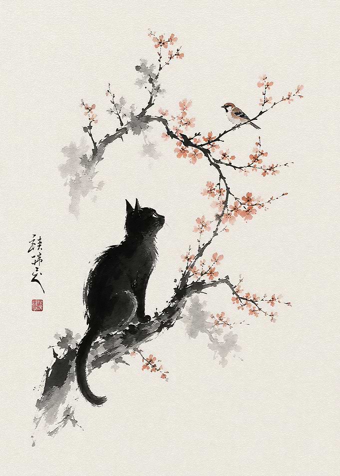 Black Cat and Bird on Branch