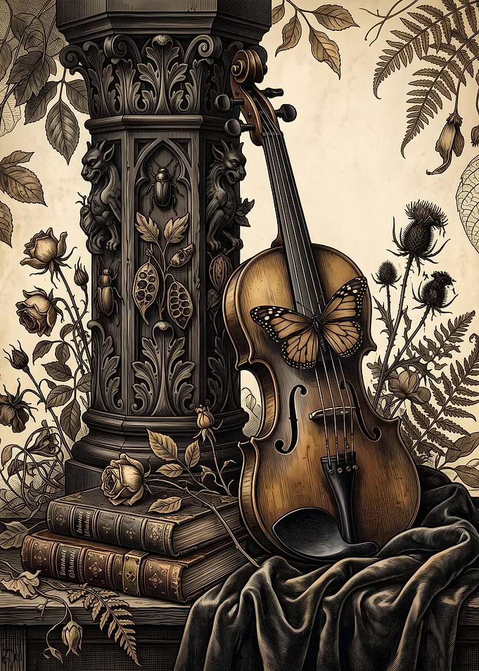 Gothic Violin and Botanical Still Life