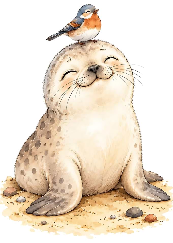 Cute Seal with Bird Friend