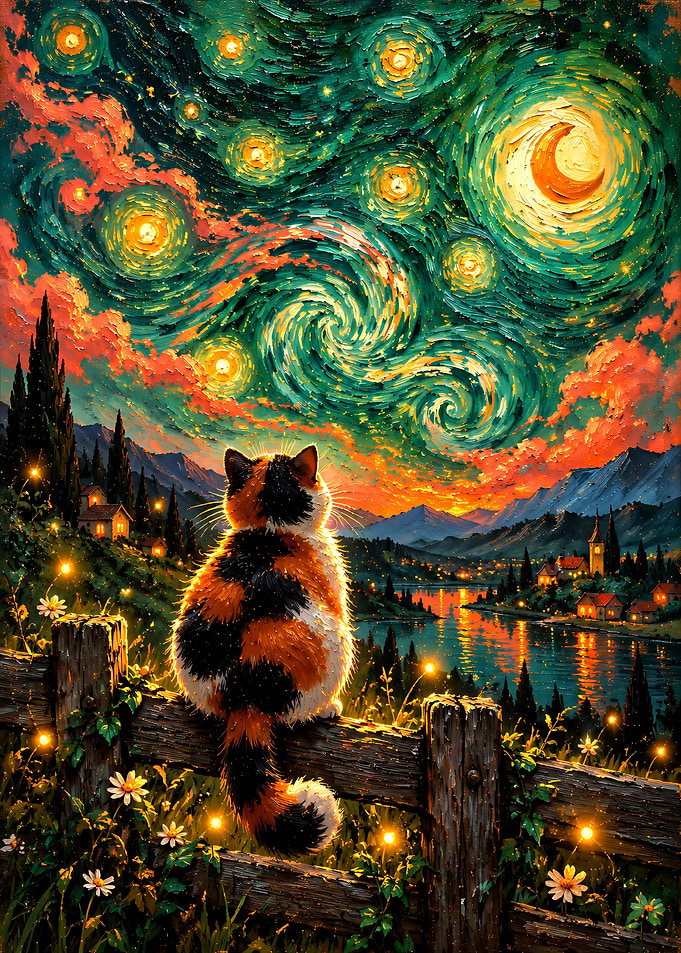 Calico Cat Watching Starry Night Sky