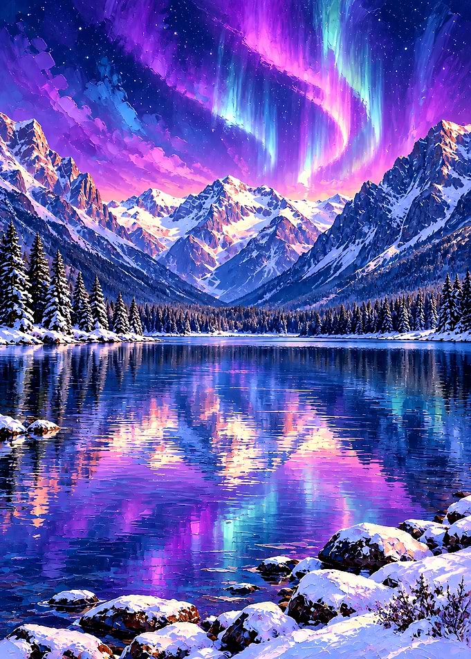 Vibrant Aurora Borealis Over Snowy Mountains