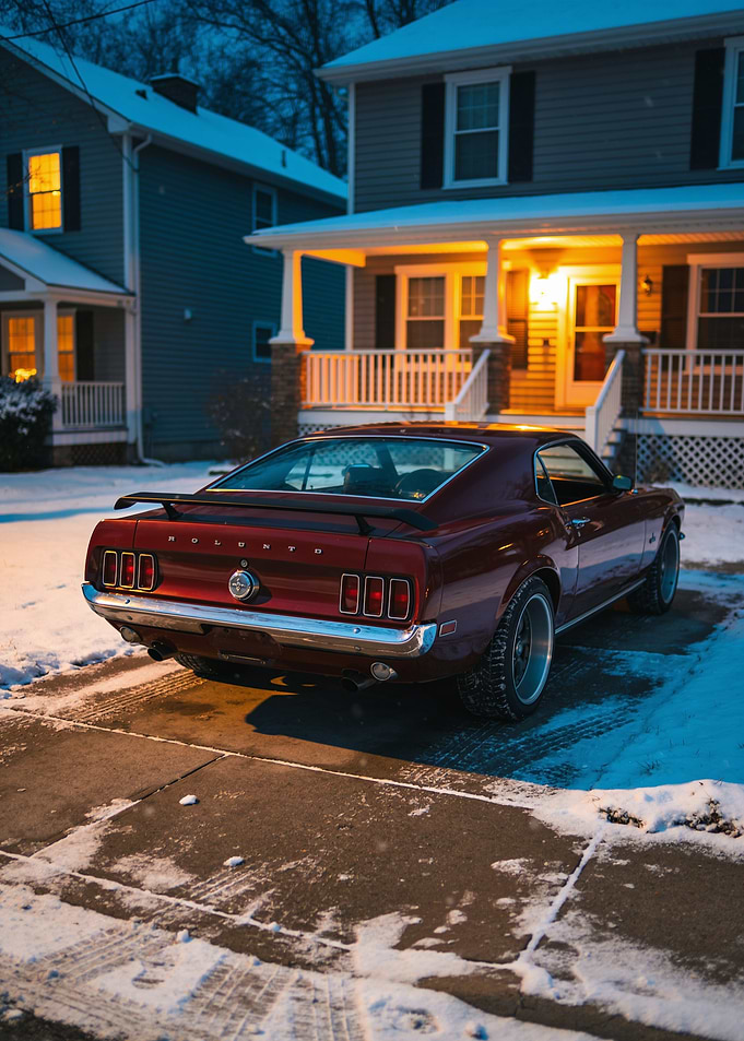 Classic Muscle Car in Snowy Driveway
