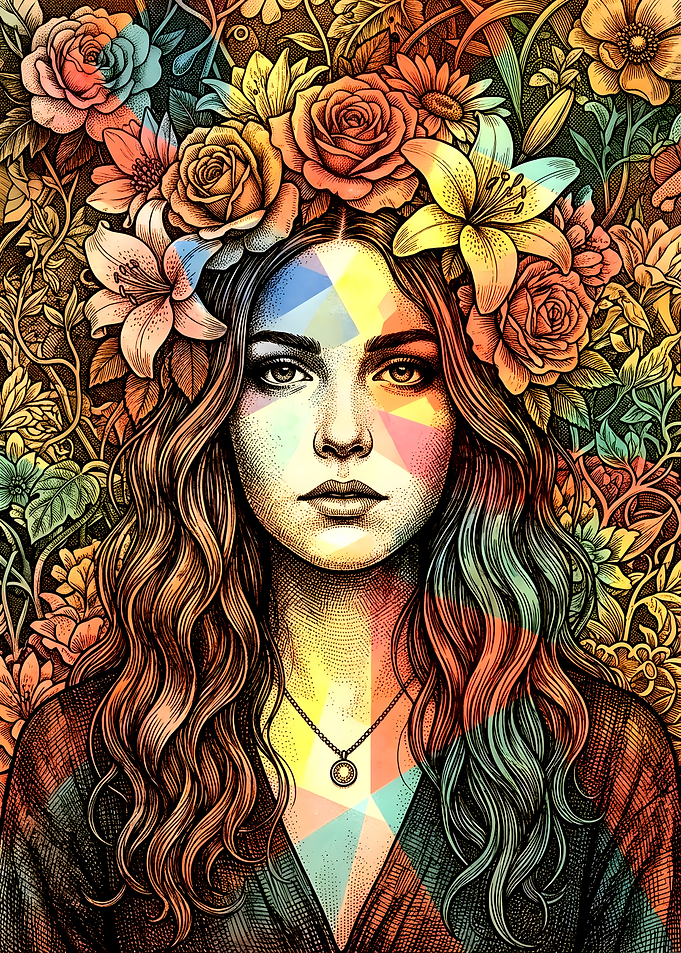 Woman with Floral Crown and Geometric Overlay