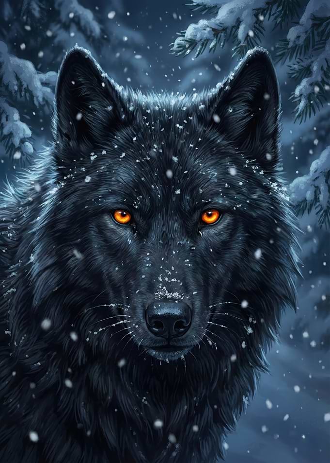 Majestic Black Wolf in Winter Forest