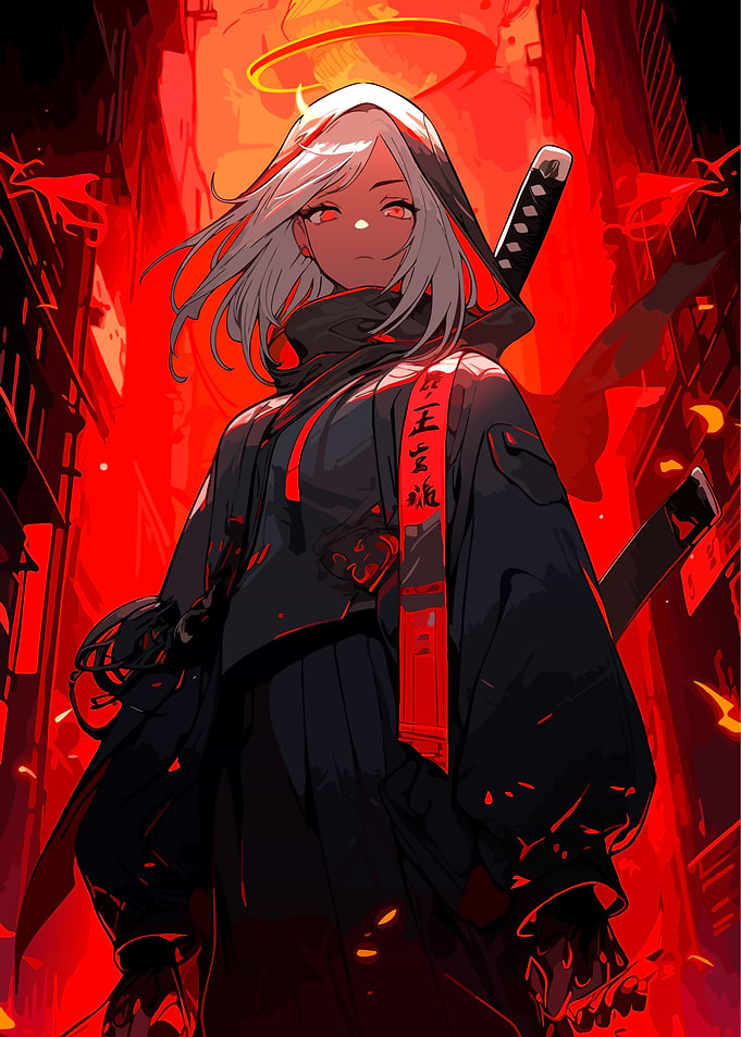 Anime Warrior with Halo in Red