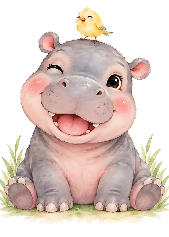 Cute Baby Hippo with Little Bird