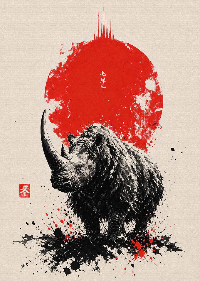 Ink Wash Style Woolly Rhino Poster