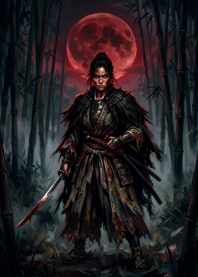 Bloodstained Samurai Under Red Moon