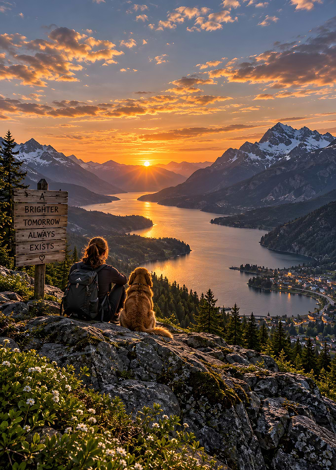 Woman and Dog Watching Mountain Sunset