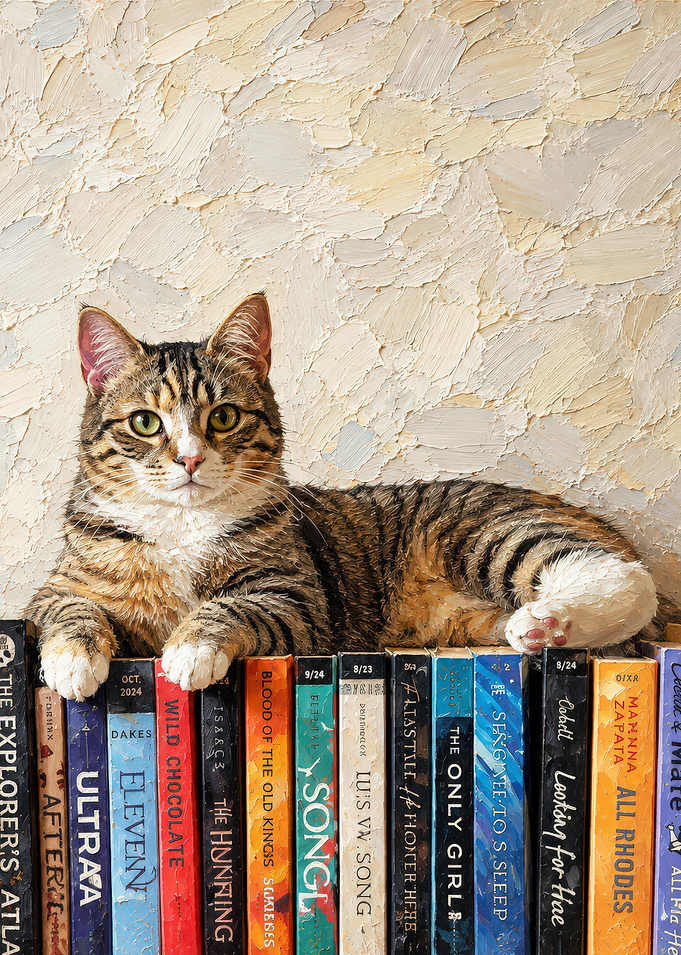 Tabby Cat Resting on Bookshelf