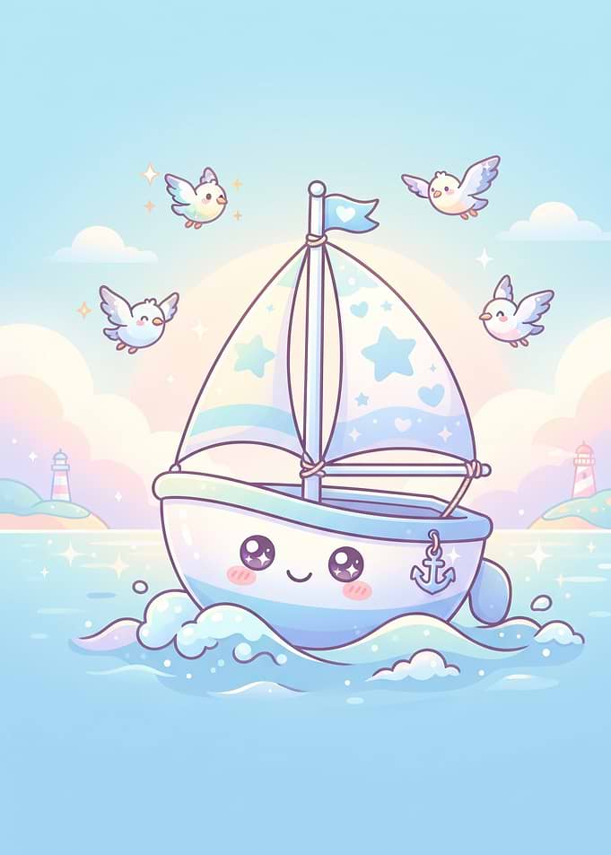 Cute Kawaii Sailboat on Water