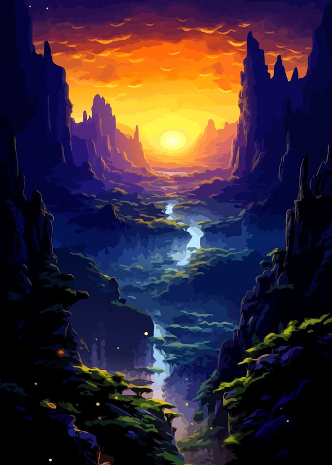 Vibrant Sunset Over Mountain Valley
