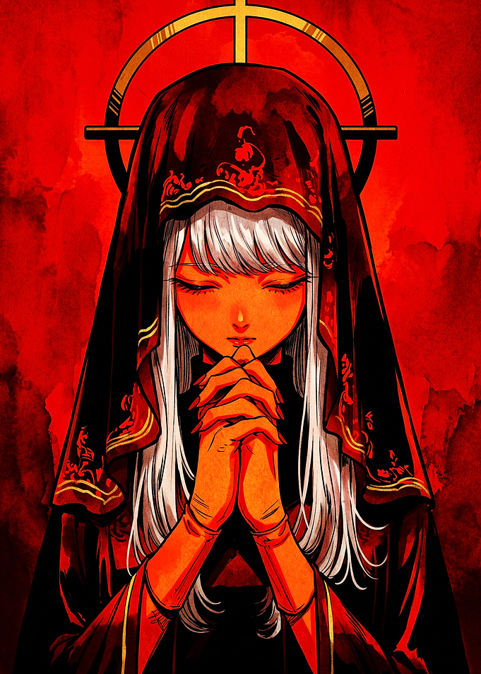 Praying Anime Girl in Red Veil