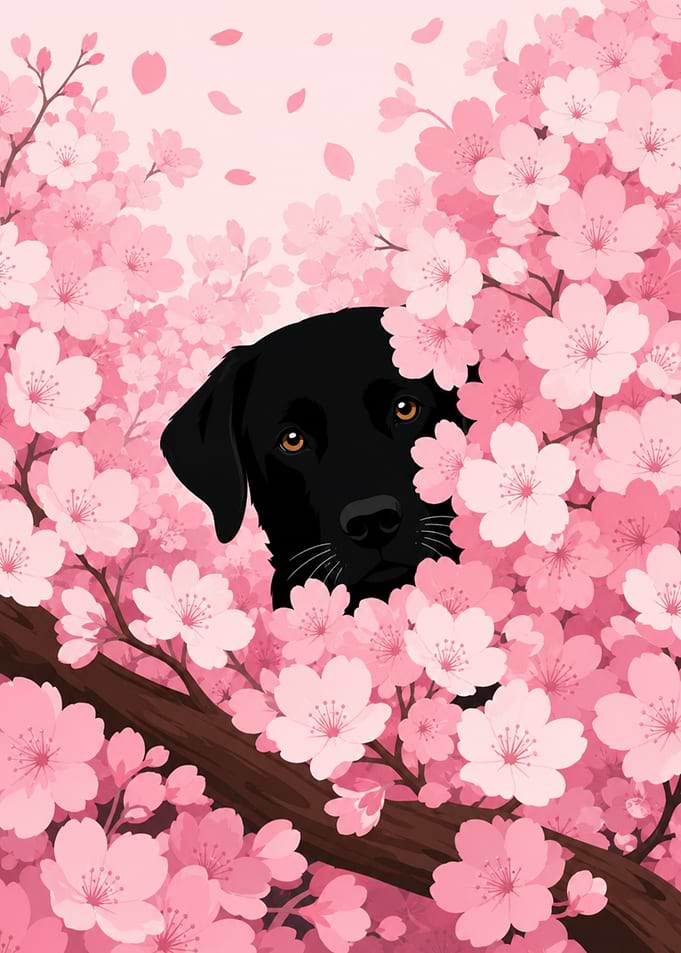 Black Dog Silhouette Wall Art — Cherry Blossom Portrait