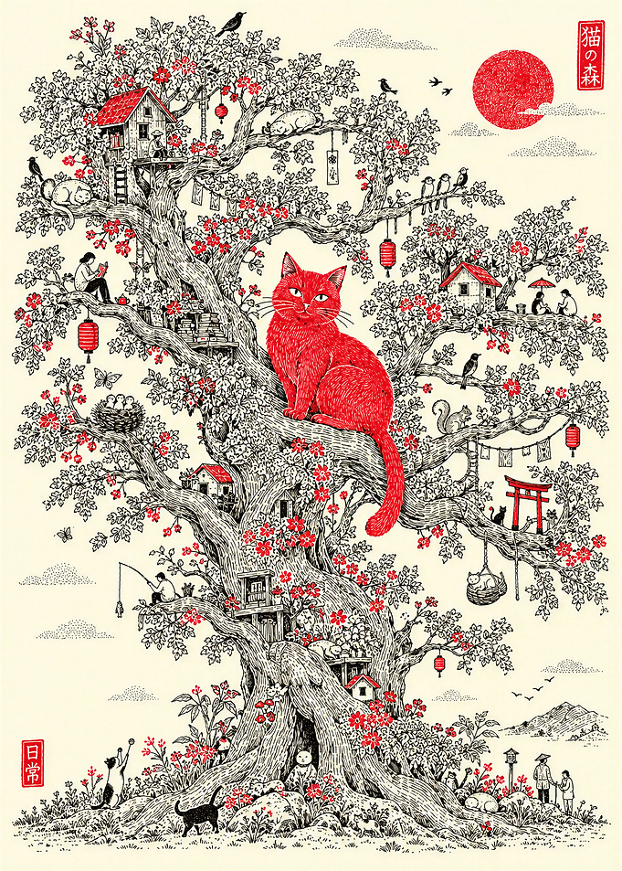 Whimsical Red Cat Tree