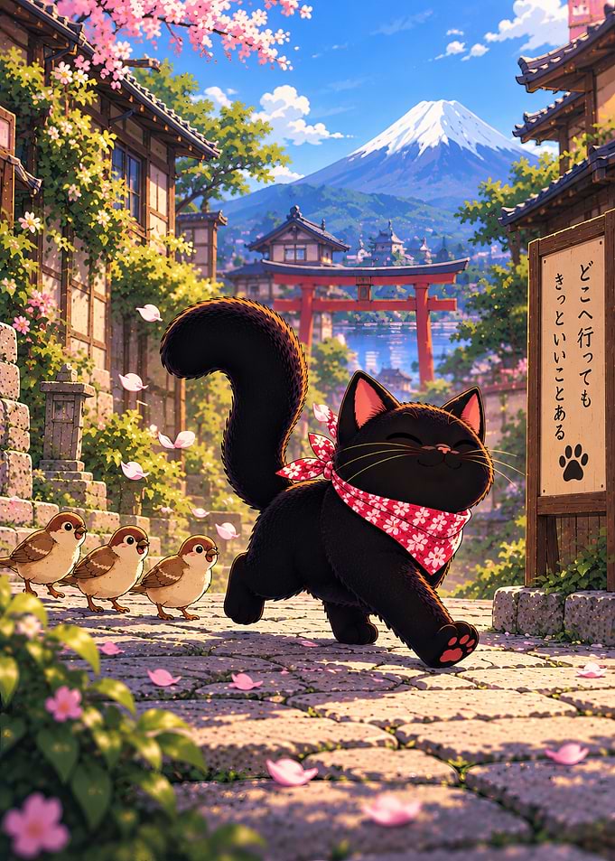 Happy Black Cat Walking in Japan